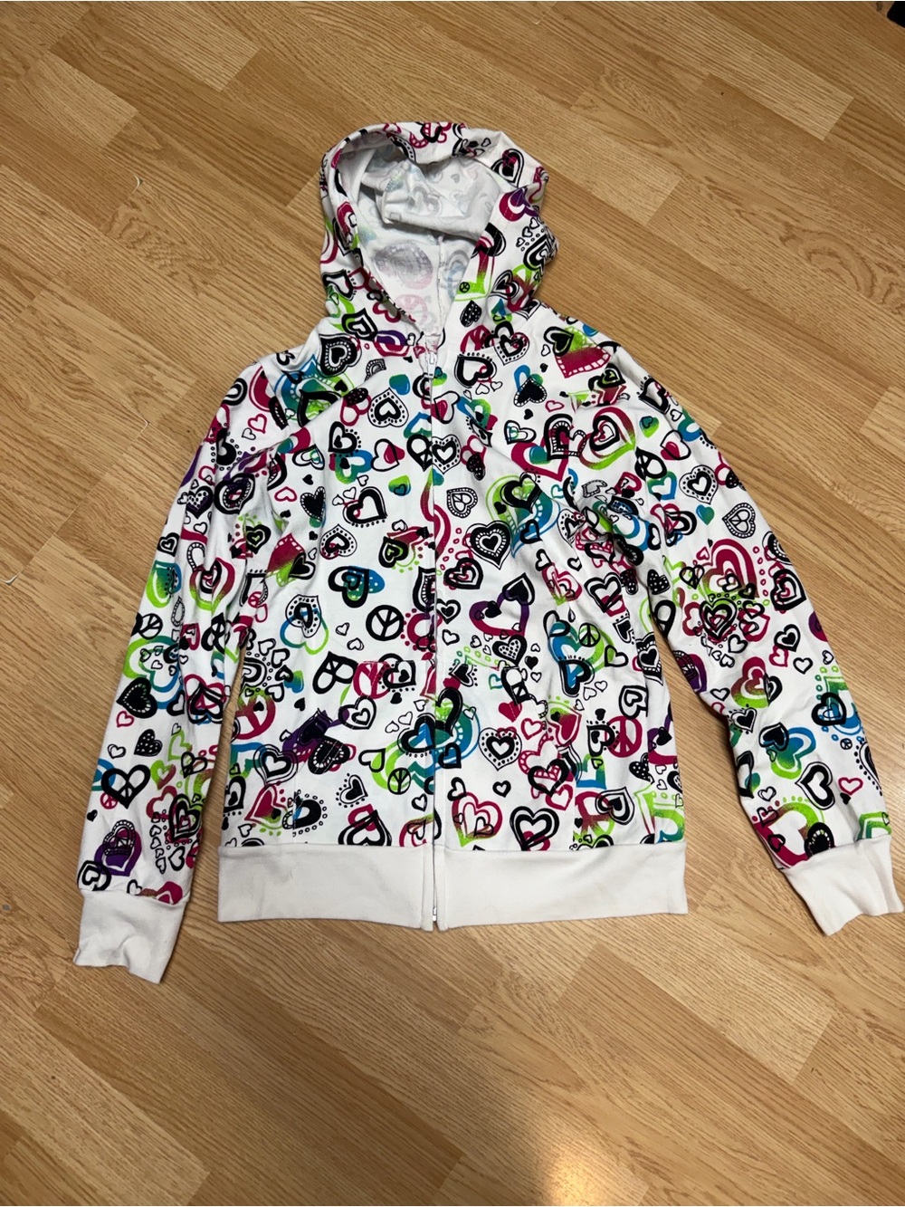 Total Girl Girls LG 14/16 White Multicolor Heart Print Zip Hoodie Sweatshirt